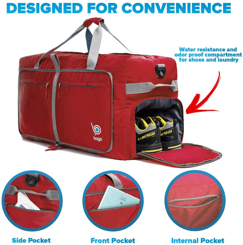 Bago Large Foldable Duffel Bags for Traveling Women & Men - 100L Packable Duffle Bag for Travel with Shoe Compartment - Water Repellant, Heavy Duty, Lightweight Folding & Collapsible (Red) - Image 3